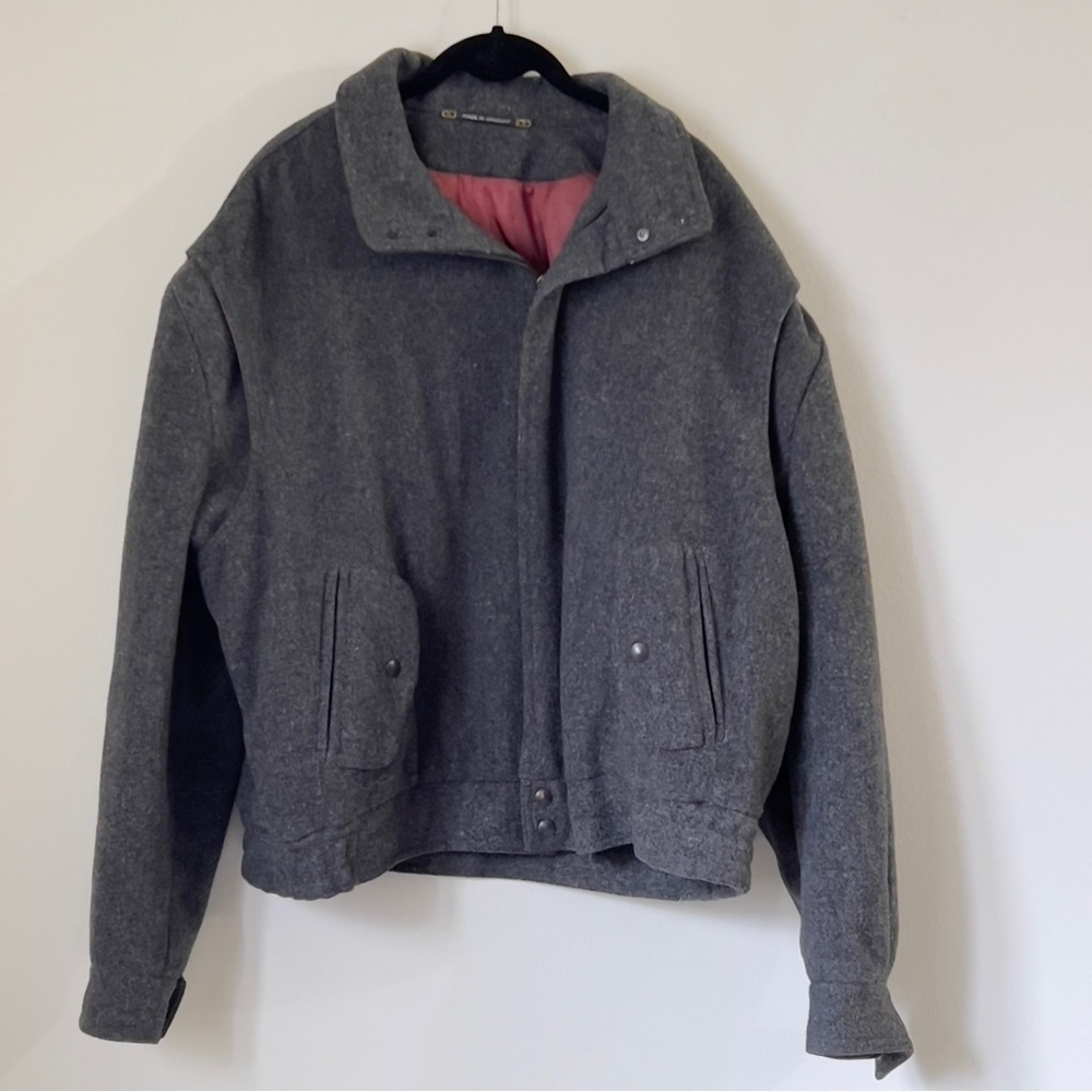 BERMANS Men’s Vintage Size XL Pure Wool Gray Jacket Zip Up Waist Length pockets